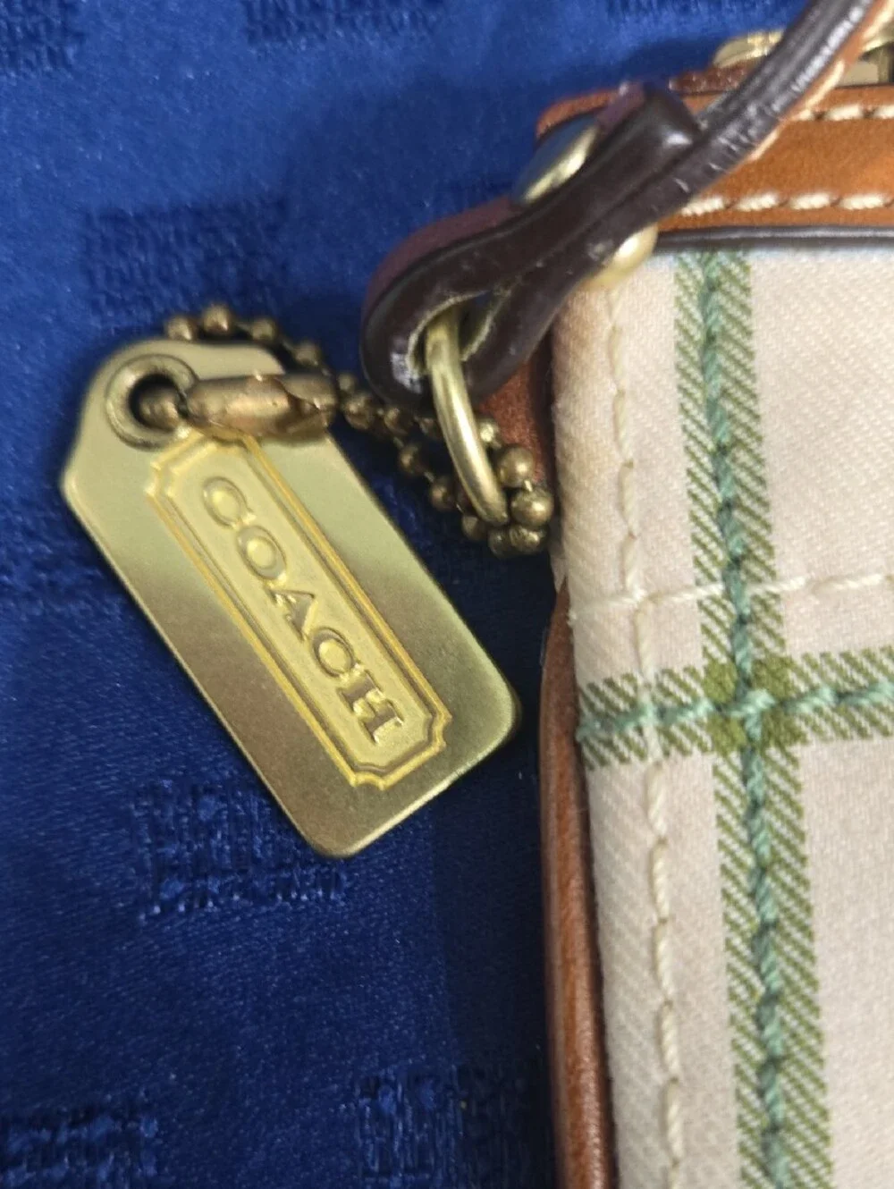 Coach Tattersall Canvas Wristlet with Tan Leather Trim